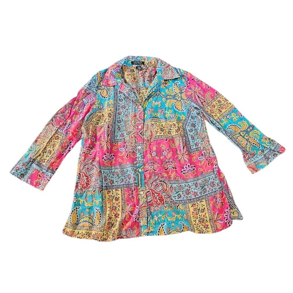 Lauren Ralph Lauren Button Down Shirt 1X Multicolor Paisley Boho 3/4 Sleeve Top
